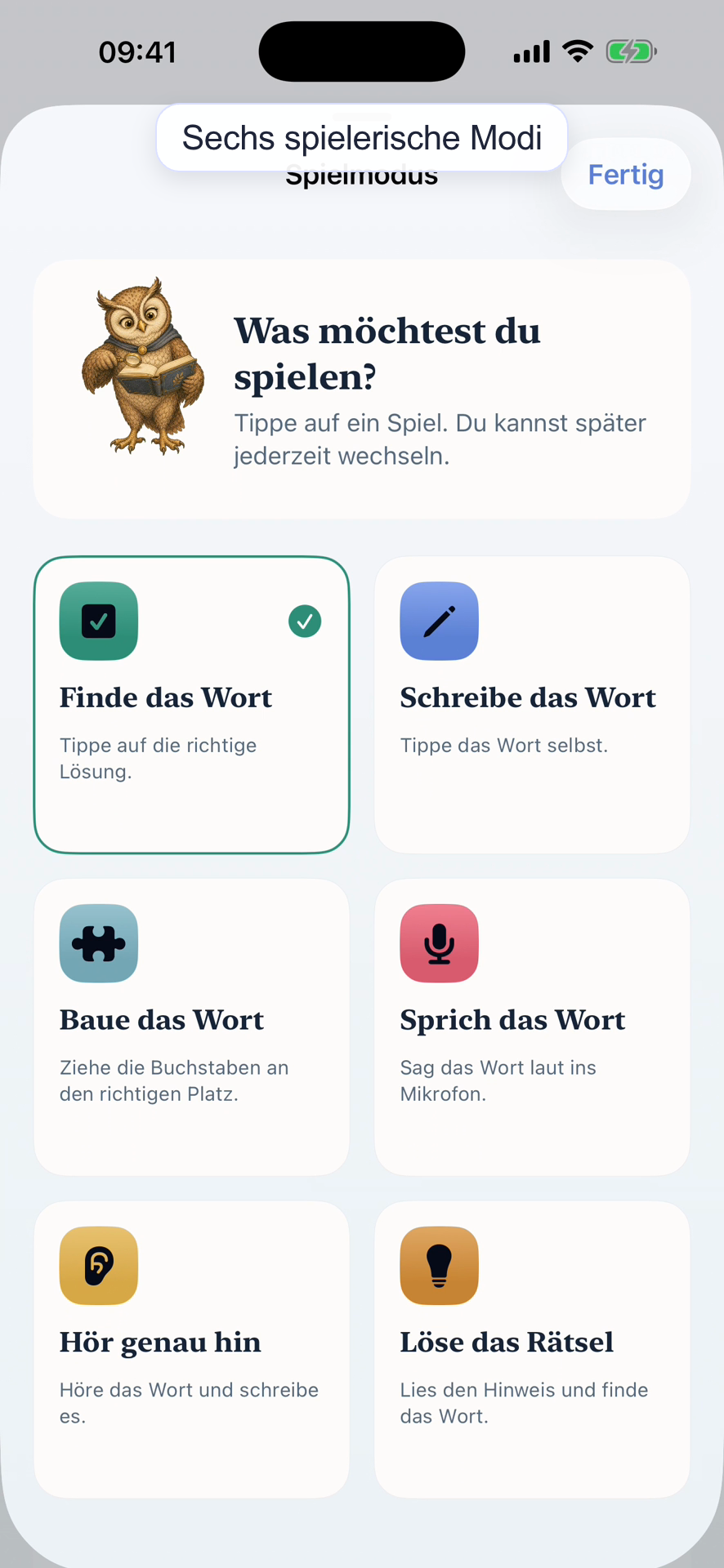 Auswahl der sechs Spielmodi in Besser Lesen