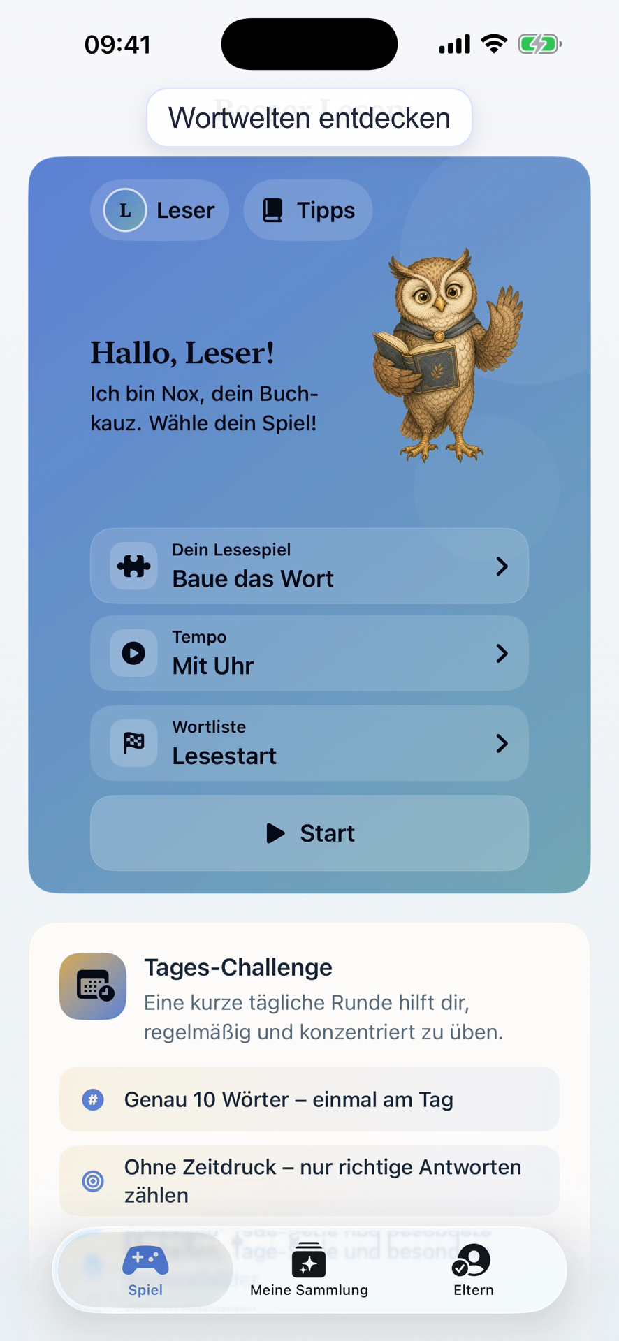 Startseite mit Buchkauz Nox, Wortwelten und Tages-Challenge