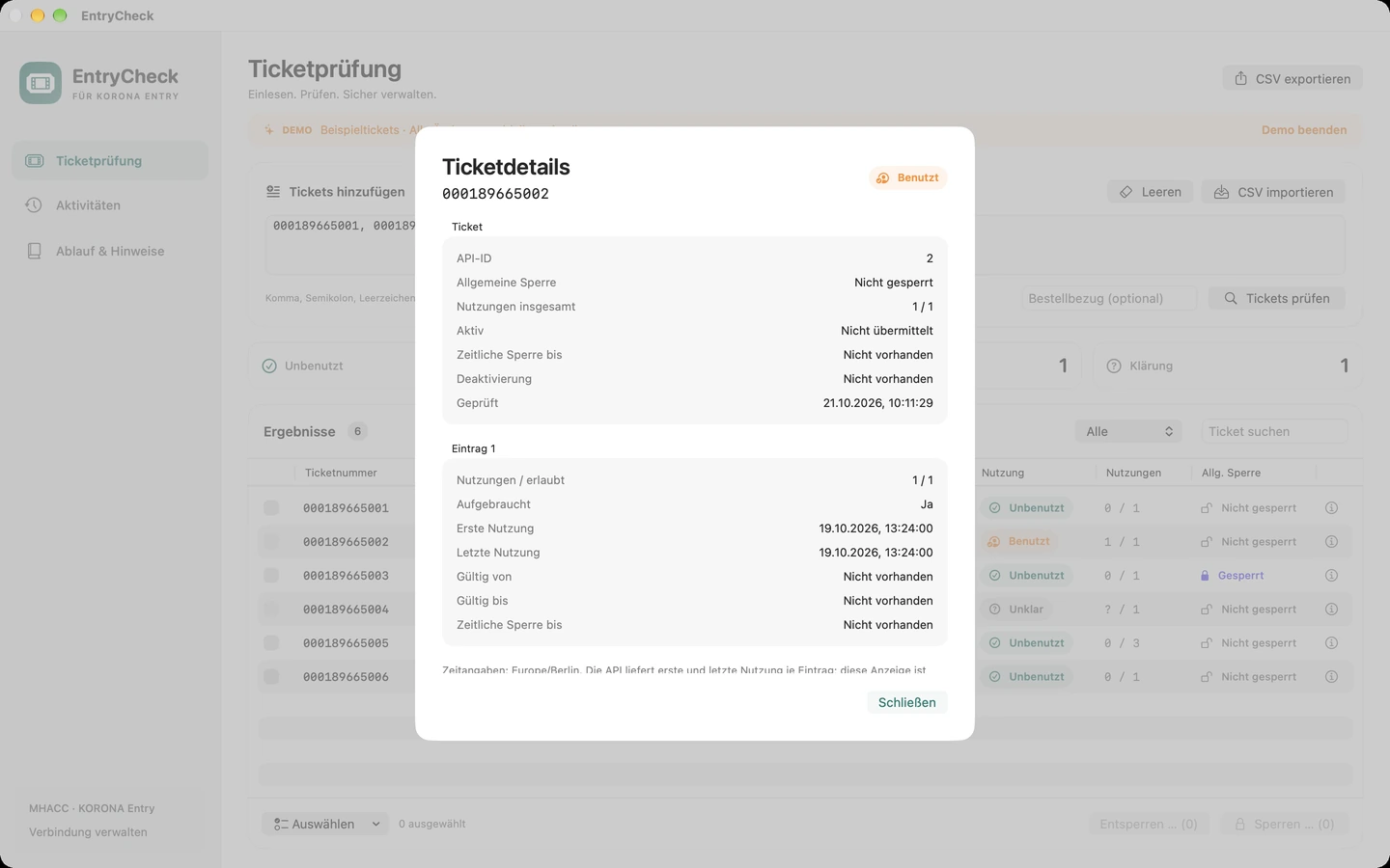 EntryCheck detail view of a sample ticket with usage and general lock information