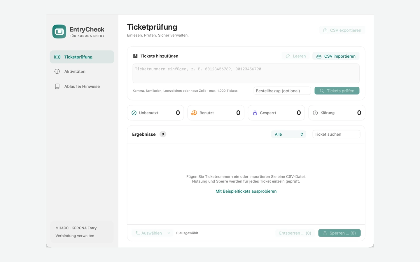 EntryCheck input area for ticket numbers, CSV import and an optional order reference