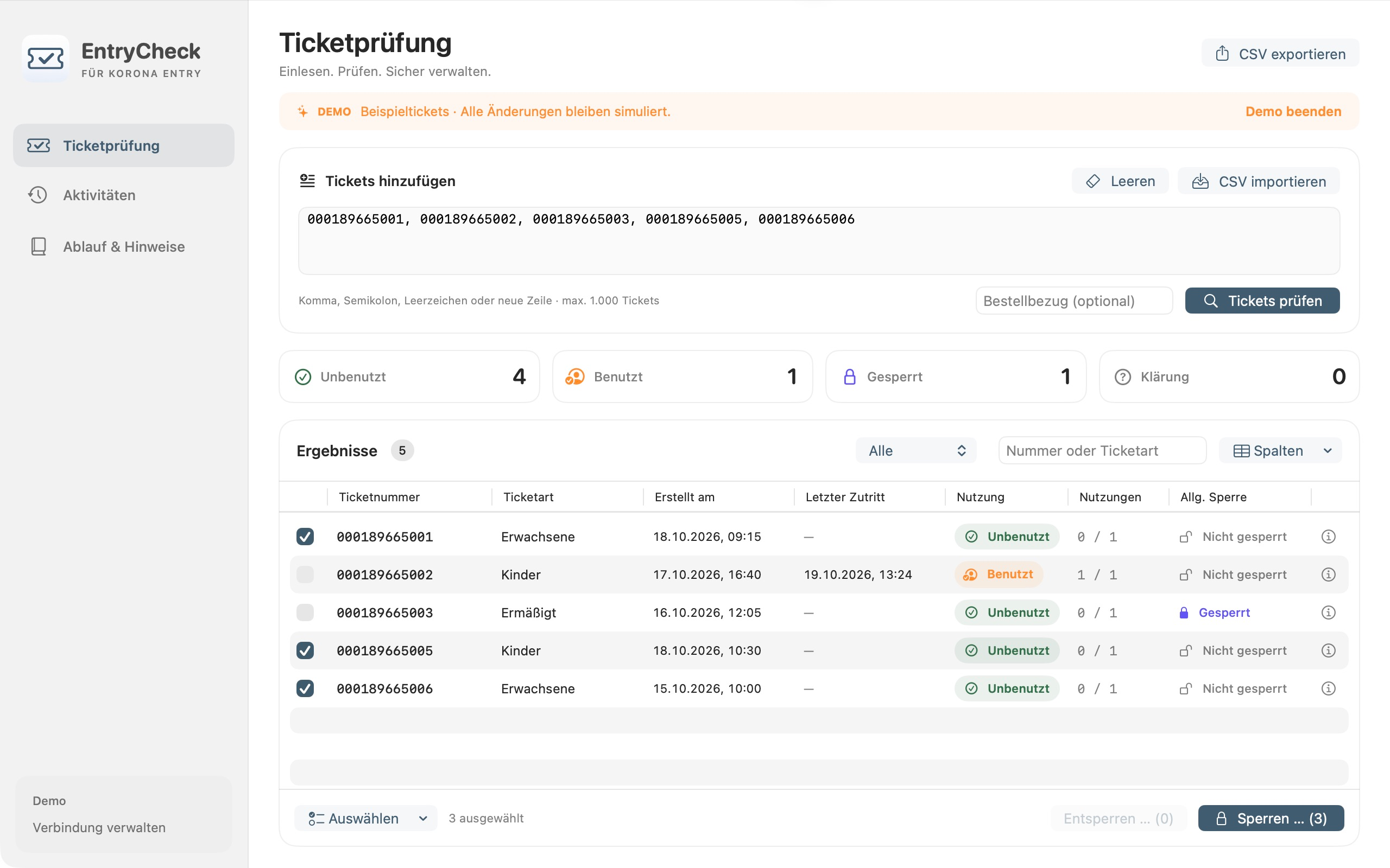 EntryCheck mit fünf Beispieltickets, Ticketarten, Erstellungs- und Zutrittsdatum sowie Nutzungs- und Sperrstatus