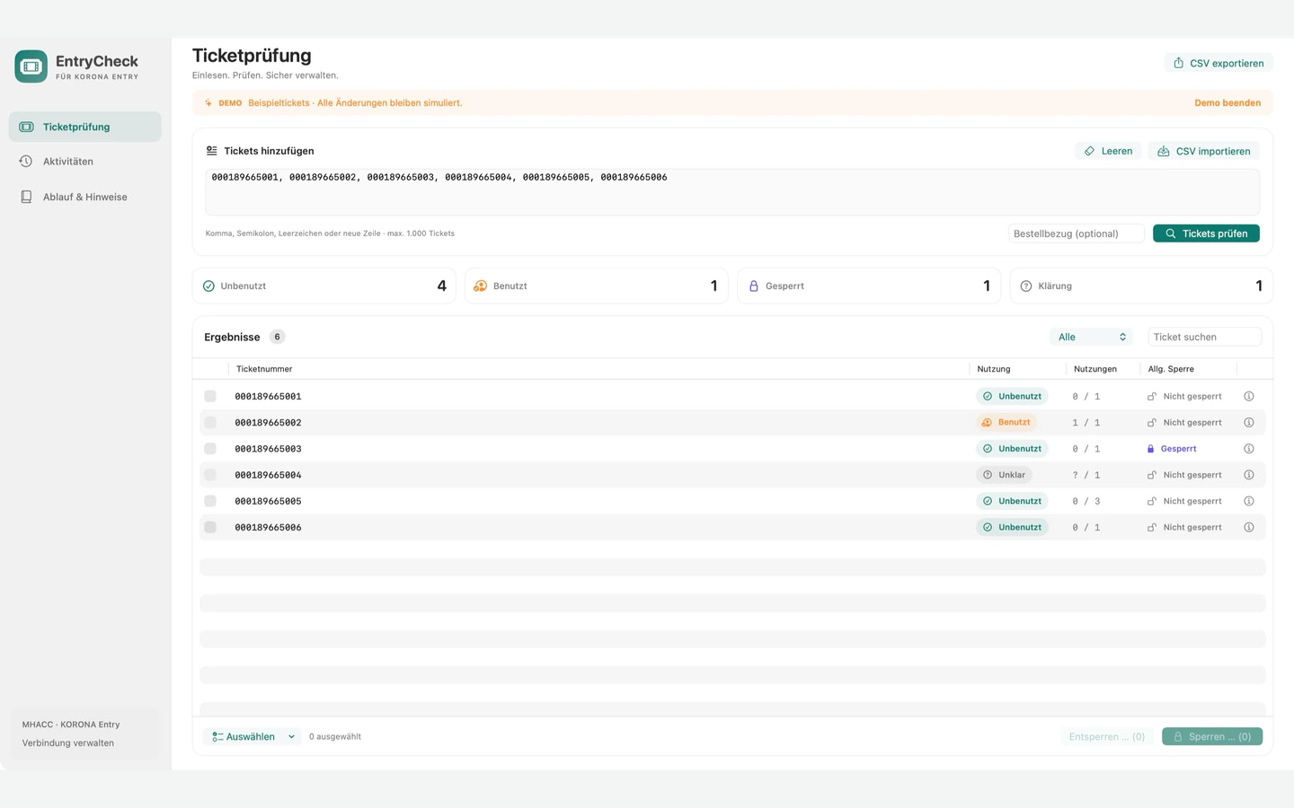 EntryCheck ticket overview showing the usage and lock status of six sample tickets in demo mode