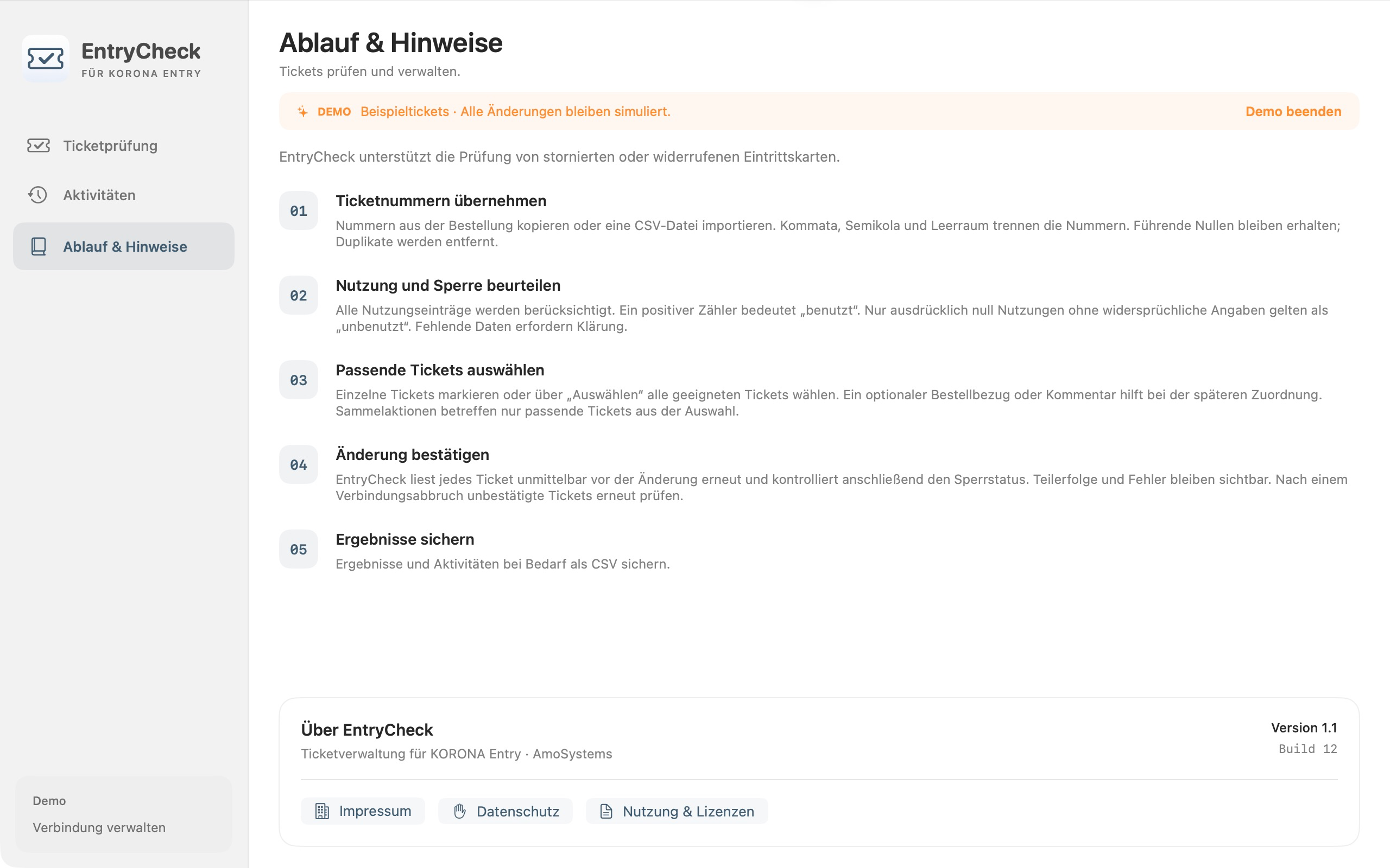 EntryCheck-Ablaufhinweise zu Ticketimport, Nutzungsprüfung, Auswahl, Bestätigung und CSV-Export