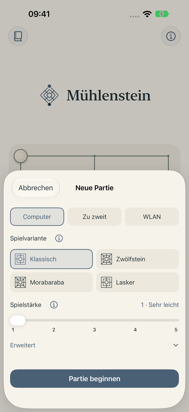 Neue Partie mit Varianten und Spielstufen