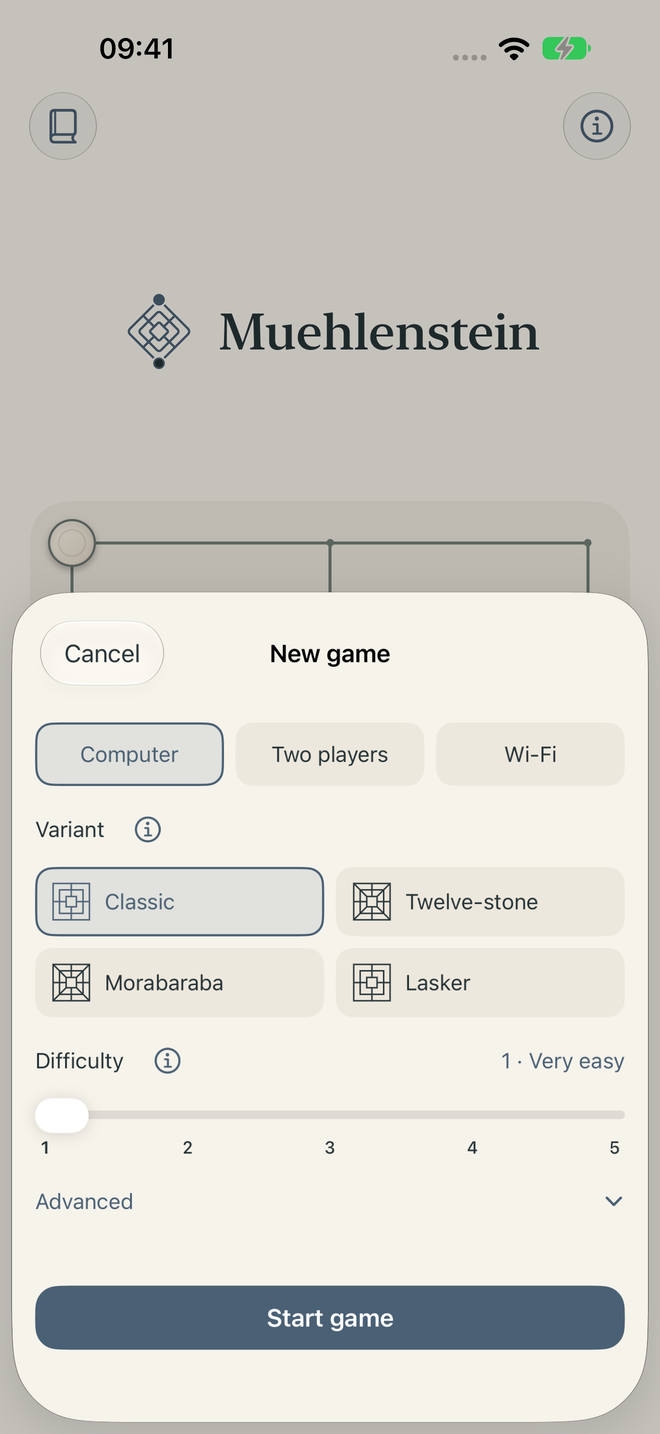 New game with variants and difficulty settings