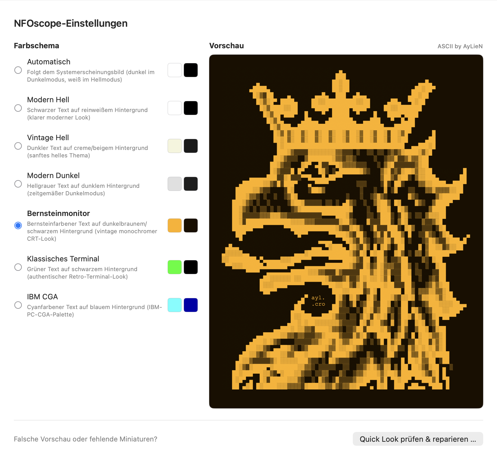 NFOscope preferences showing the griffin artwork in amber on a dark background
