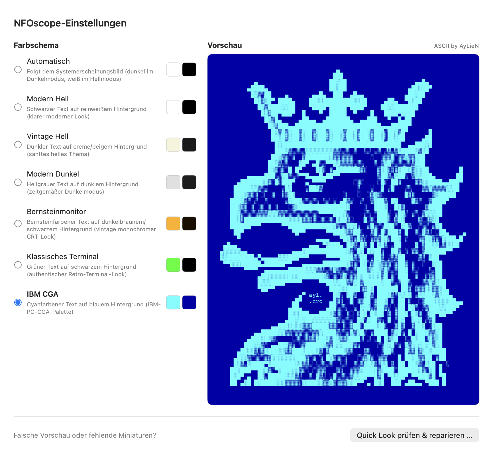 NFOscope preferences showing the griffin artwork in cyan on blue using the IBM CGA colour scheme