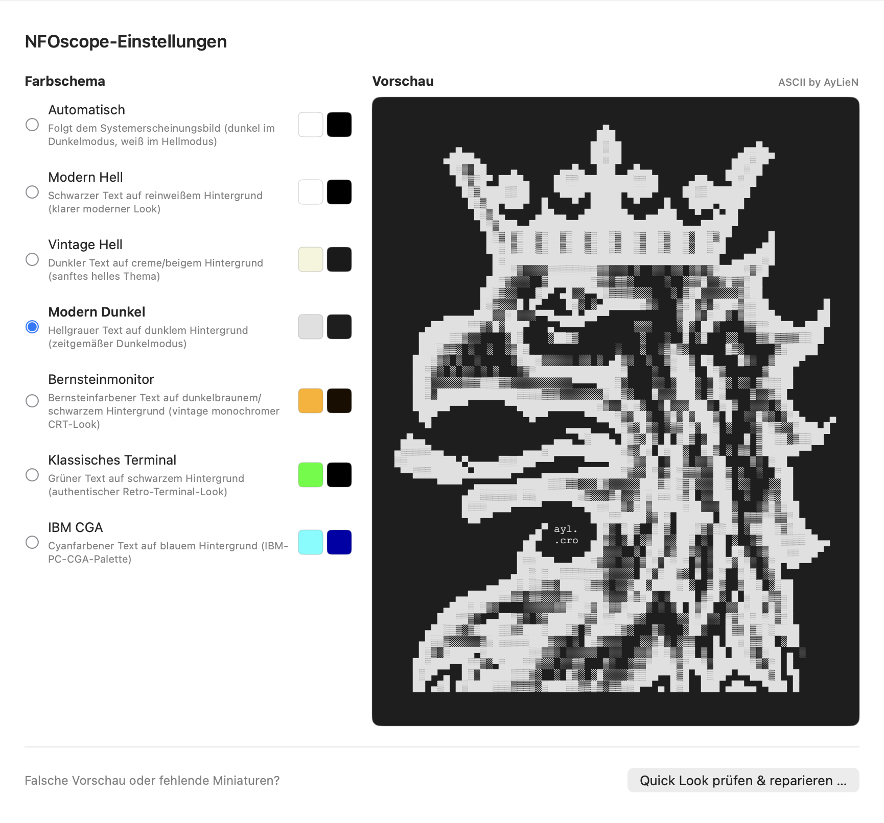 NFOscope preferences with a simple colour scheme selector and large griffin artwork in Modern Dark