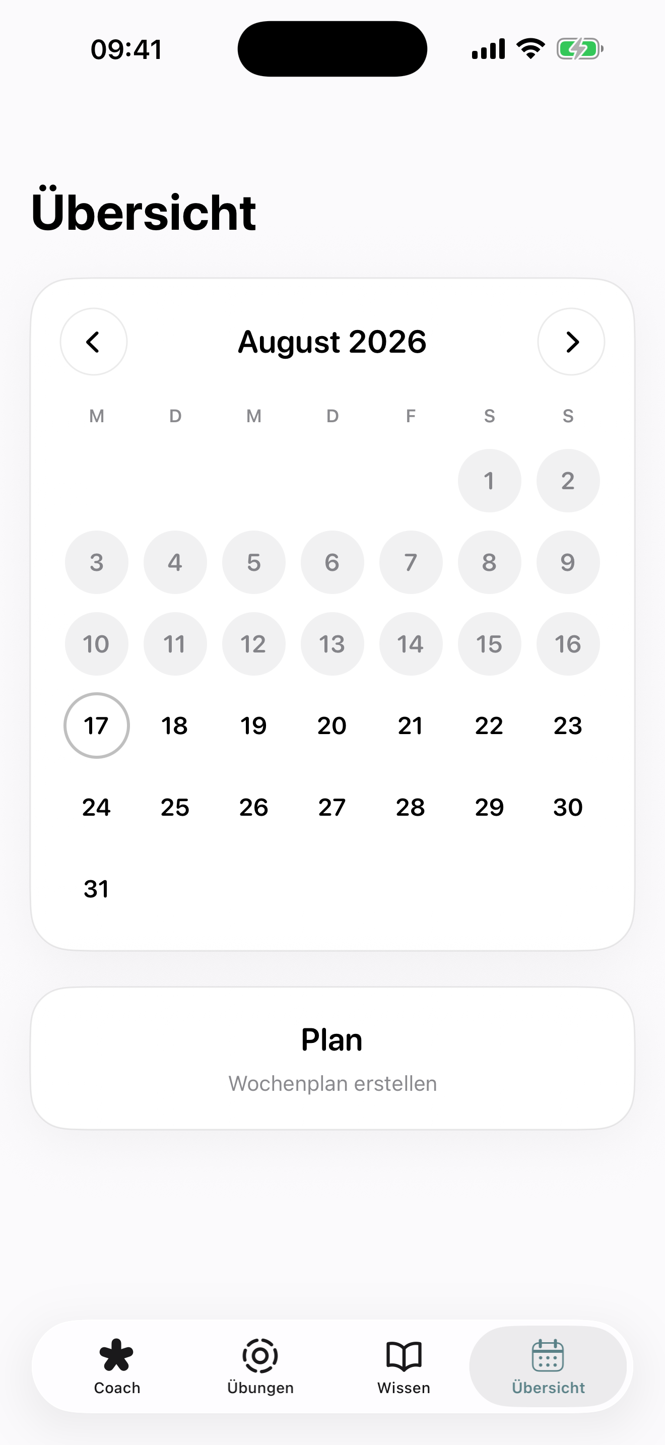 Pelvic Presence progress screen with calendar and personal weekly plan
