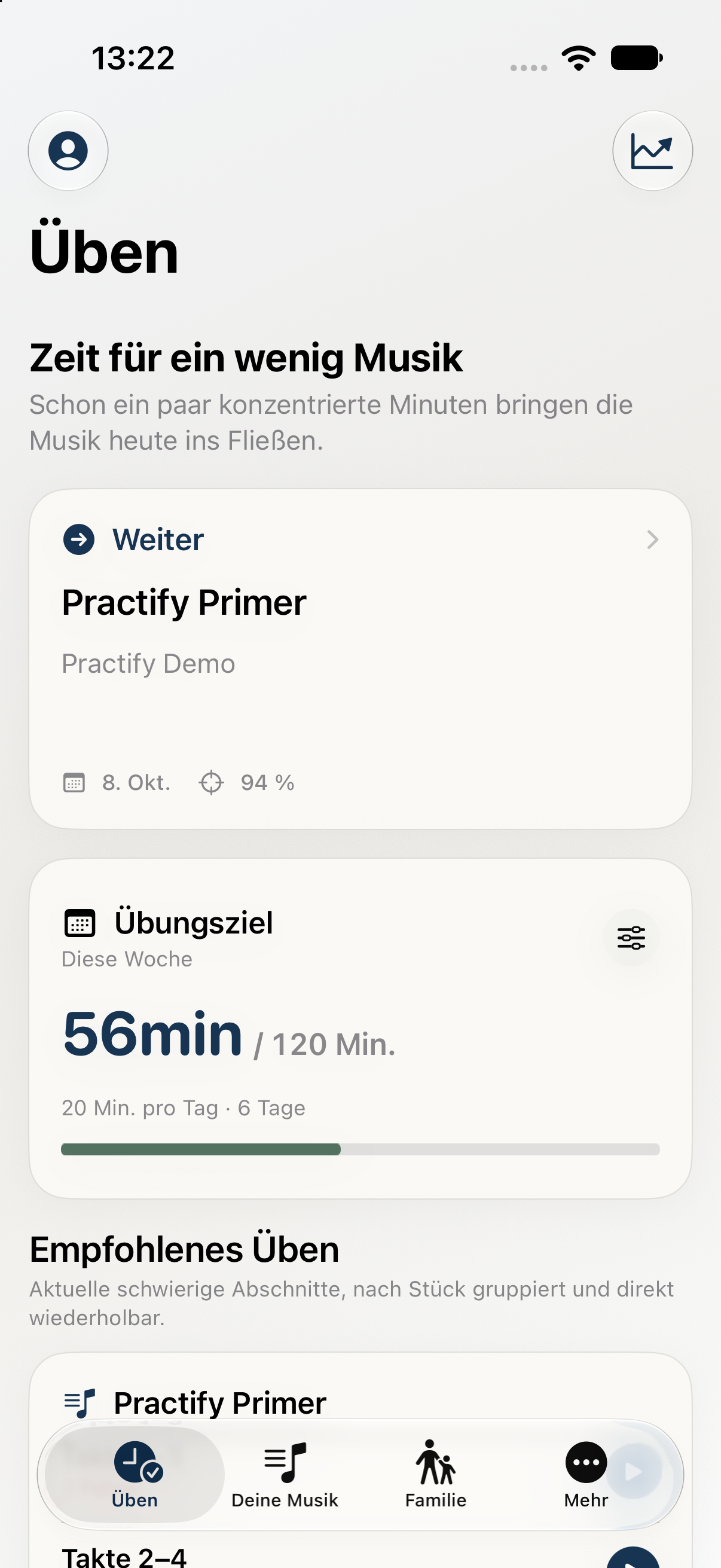 Current practice home screen with a piece and weekly goal, using sample data