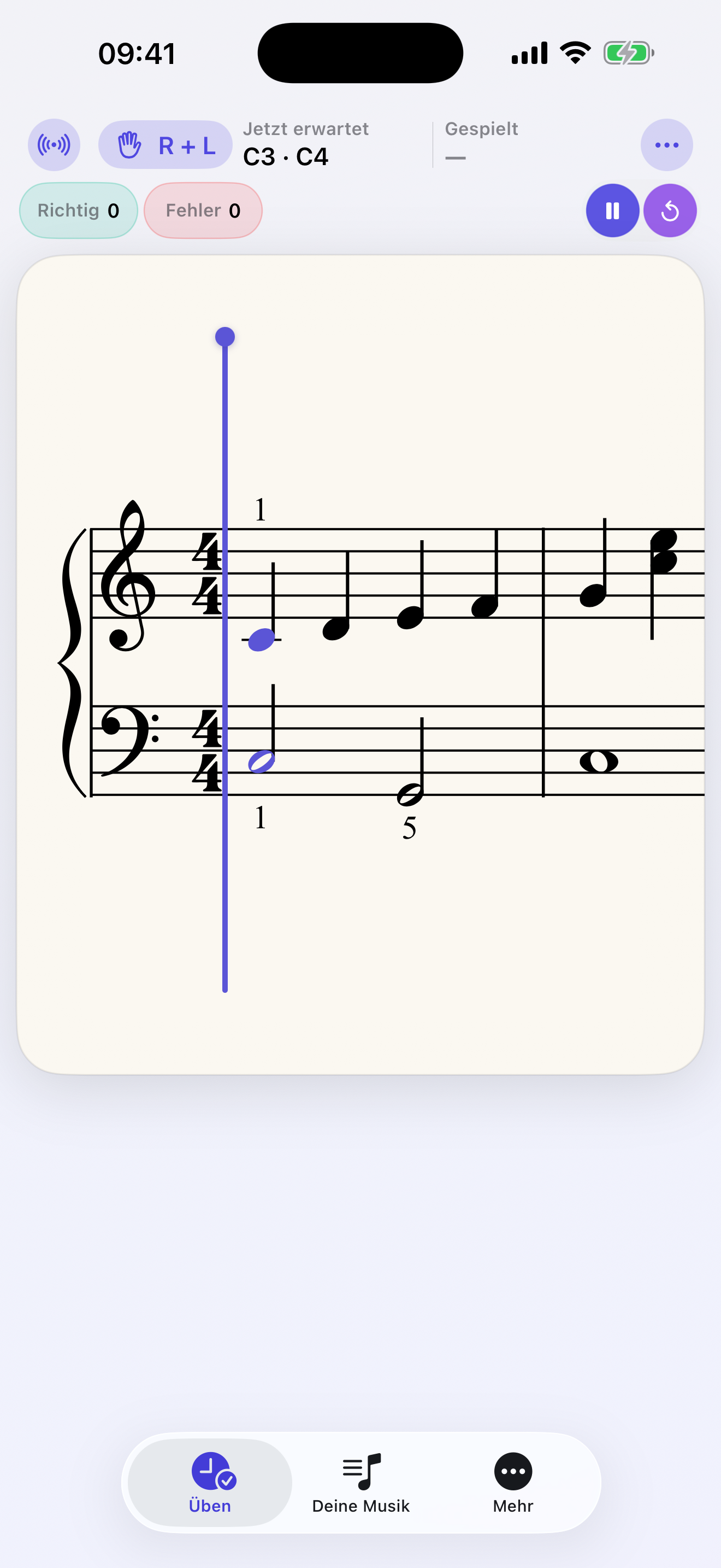 Piano score in Practify with a playing cursor, hand selection, expected notes and practice controls