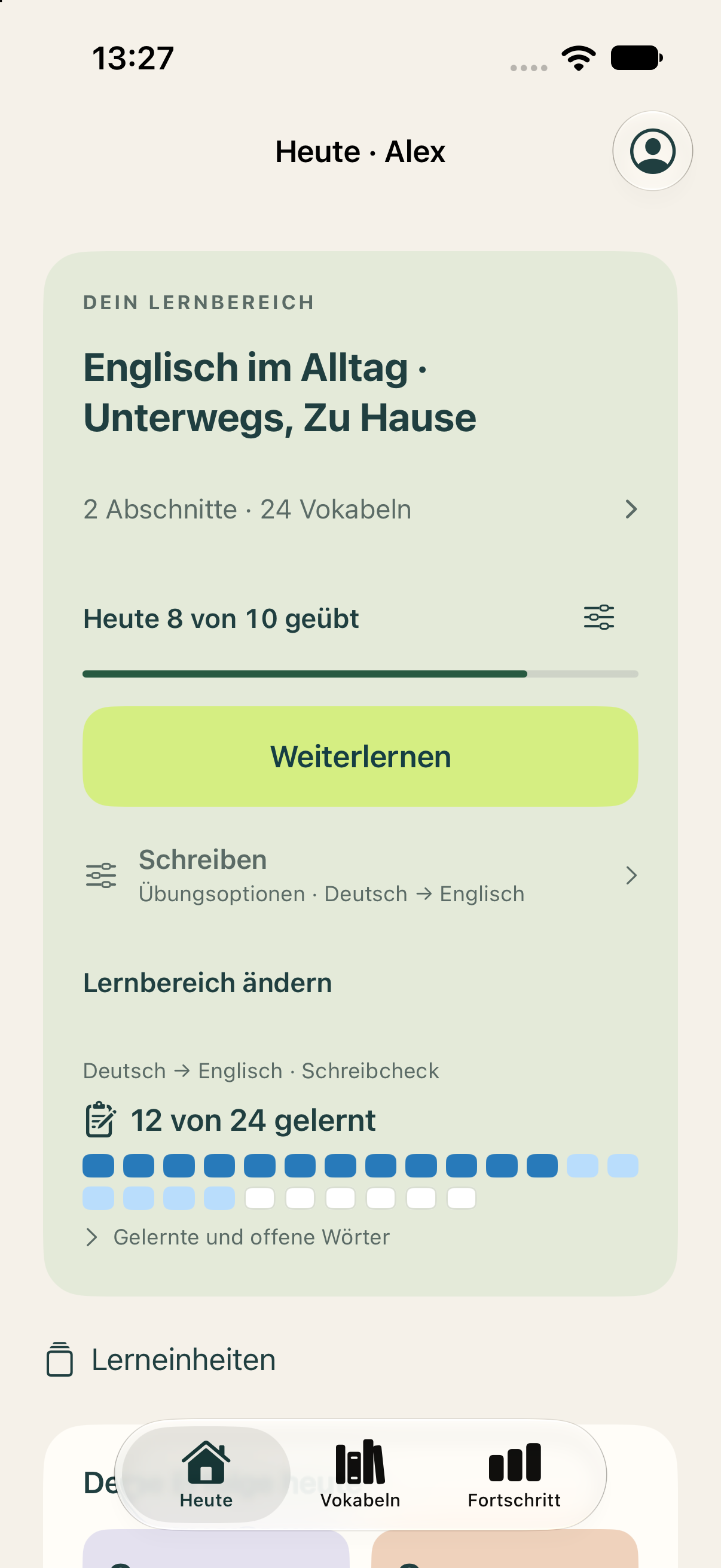 Daily overview with 24 sample words and a learning goal