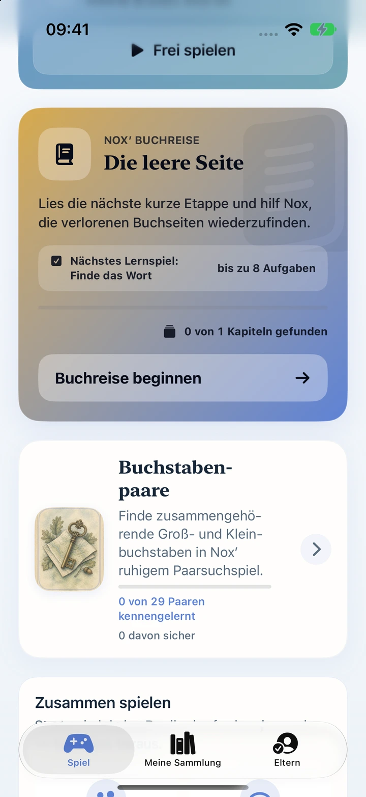 Echte App-Ansicht: Nox’ Buchreise beginnt mit dem Kapitel Die leere Seite und einer Etappe mit bis zu acht Aufgaben.