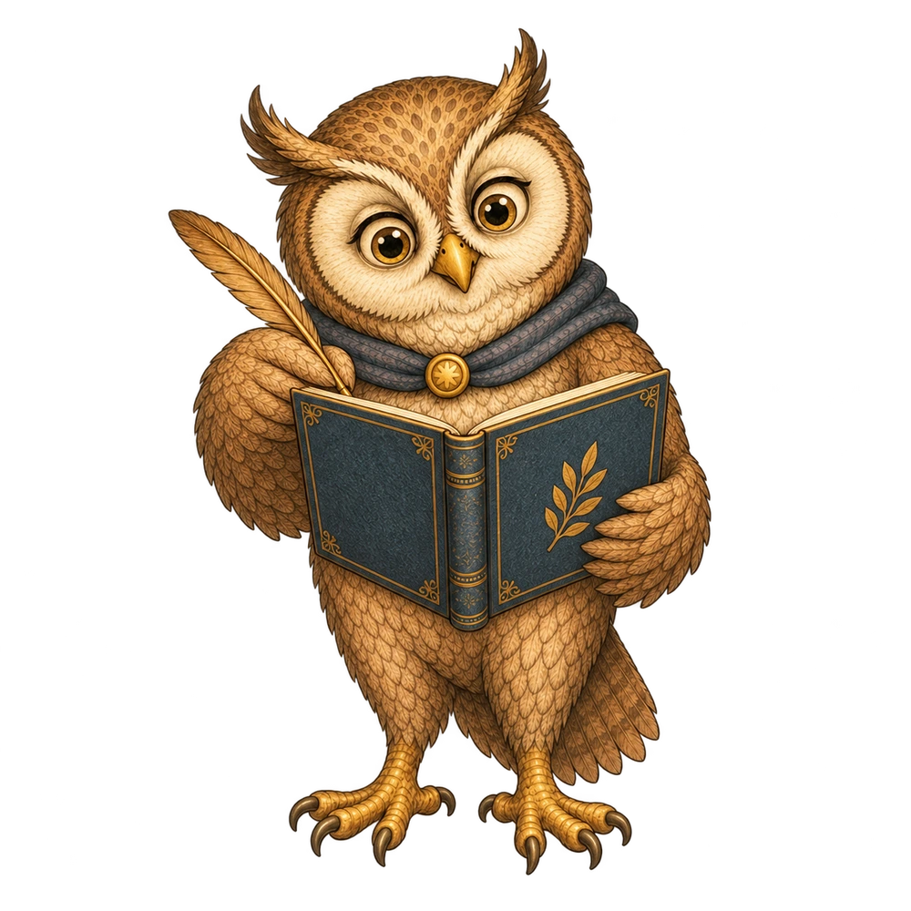 Buchkauz Nox hält ein aufgeschlagenes Buch und eine Schreibfeder.