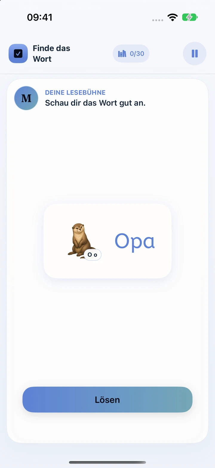 Echte App-Ansicht: Das Wort Opa erscheint mit einer Anlauthilfe. Darunter startet die Schaltfläche Lösen die nächste Phase.